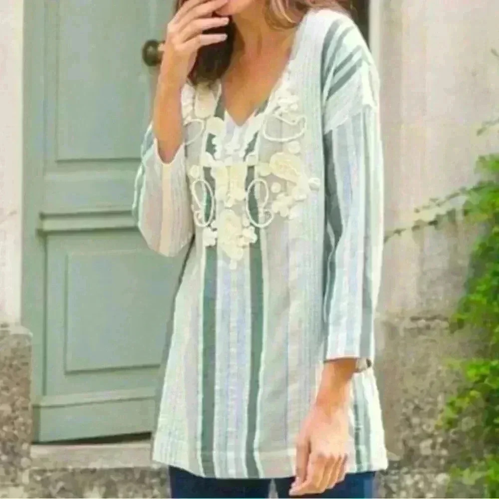 Soft Surroundings Manhattan Beach Wool Blend V-Neck 3/4 Sleeve Tunic Top Size XS